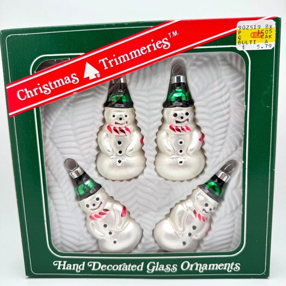 Set Of 4 Christmas Trimmeries Snowman Glass Ornaments 1990